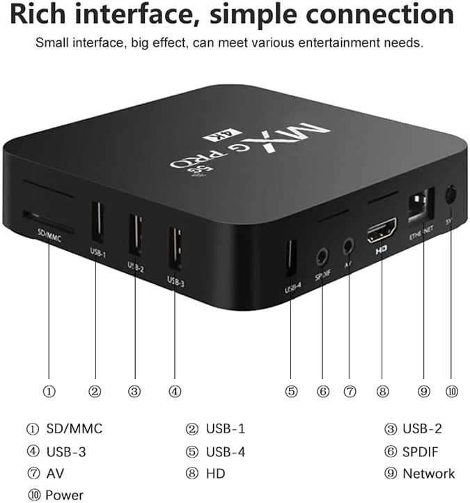 پخش کننده رسانه هوشمند Pro 5G Android 13.1 TV Box - با 1 گیگابایت رم، 8 گیگابایت رام، پشتیبانی از H.265 HD، پشتیبانی از 3D، وای فای دو بانده و پردازنده چهار هسته ای.