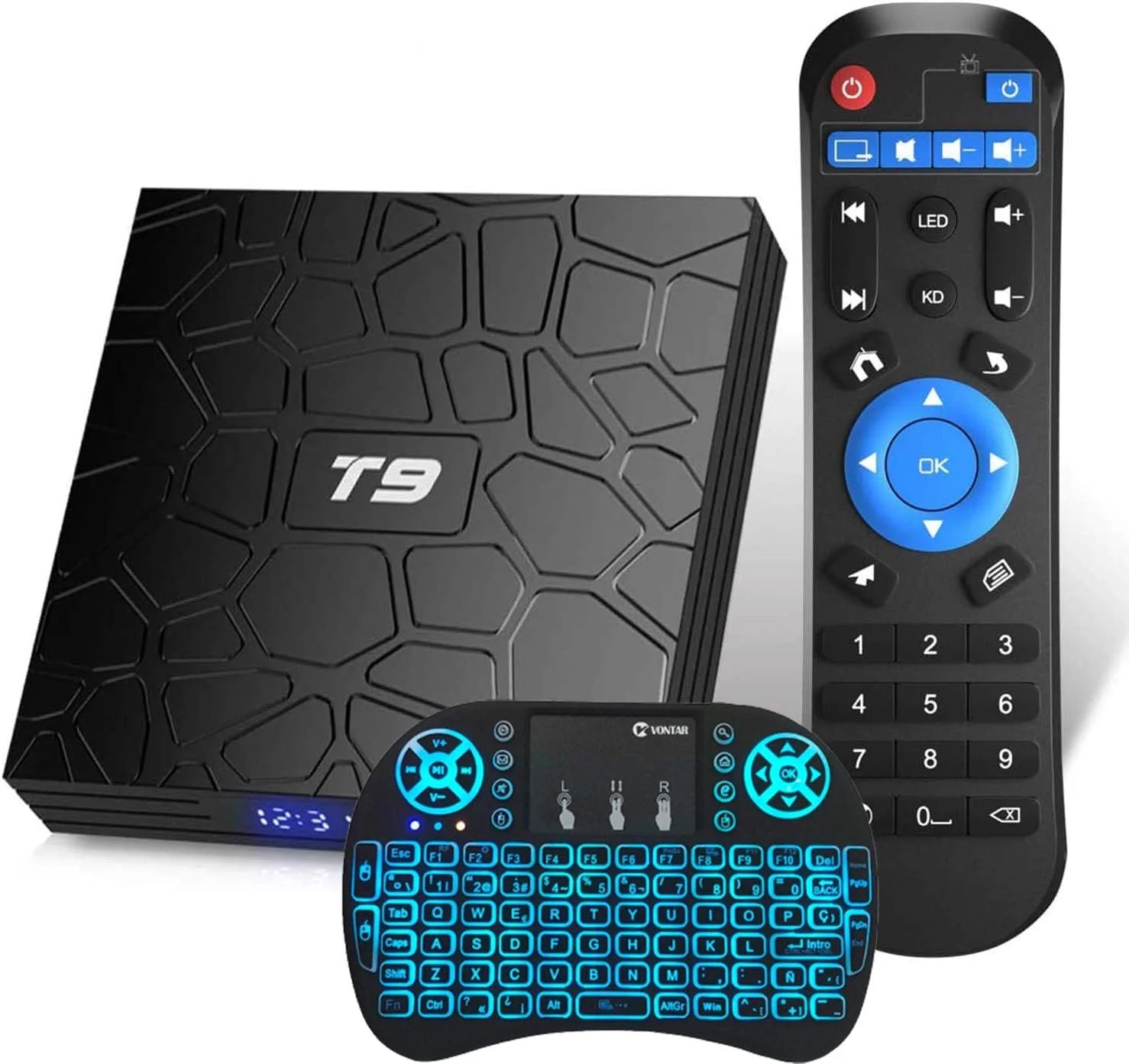 اندروید باکس 9.0 LIROM مدل T9 با پردازنده چهار هسته‌ای RK3318 Cortex-A53، پردازنده گرافیکی Mali-450MP2، وای فای دو بانده 2.4GHz/5GHz، کیفیت 4K Ultra HD، پورت USB 3.0، اترنت 10/100M، حافظه 2GB+16GB