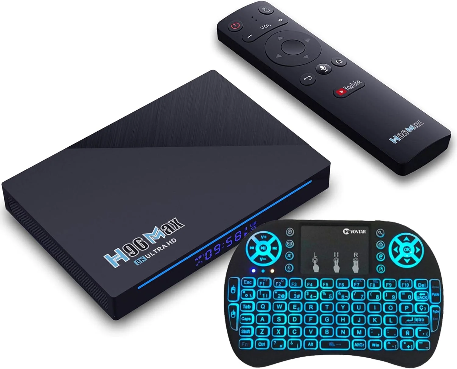 اندروید باکس تلویزیون LIROM 11.0، اندروید باکس هوشمند RK3356 با 8 گیگابایت رم و 128 گیگابایت حافظه داخلی، پشتیبانی از وای فای 2.4G و 5.8G، بلوتوث 4.0، اترنت LAN، ویدیوهای 3D و 8K، ست تاپ باکس اندرویدی تلویزیون، همراه با مینی کیبورد دارای نور پس زمینه، 4 گیگابایت رم + 32 گیگابایت حافظه داخلی