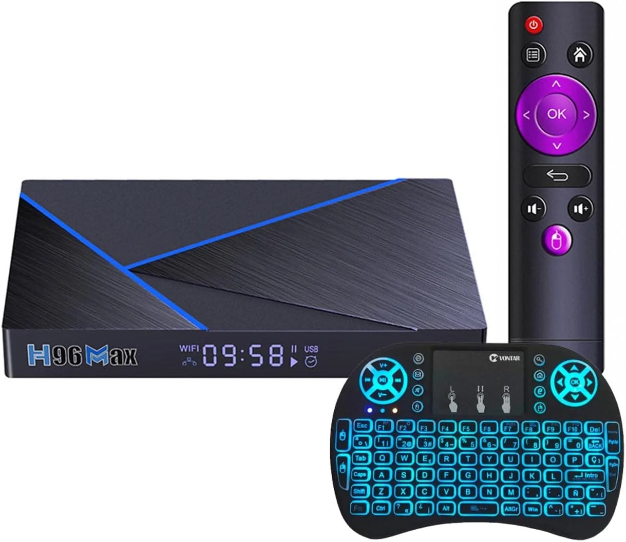 اندروید باکس LIROM مدل Android 12.0، پردازنده چهار هسته ای 64 بیتی RK3356 ARM Cortex-A53، وای فای دو بانده 2.4/5.8G، شبکه LAN 10-1000M، بلوتوث 4.1، H.265 UHD 4K / 8K، به همراه مینی کیبورد بی سیم، 8 گیگابایت رم + 64 گیگابایت حافظه داخلی