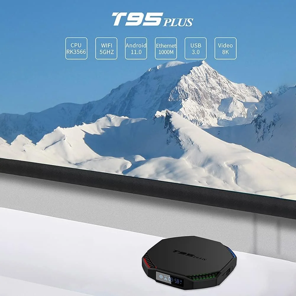 اندروید باکس 11.0 LIROM مدل T95 PLUS با پردازنده چهار هسته ای RK3566 Cortex-A55 64 بیتی، وای فای دو بانده 2.4 گیگاهرتز/5 گیگاهرتز، رزولوشن 8K 4K Ultra HD، بلوتوث 4.0، اترنت 1000M، 4 گیگابایت رم + 32 گیگابایت حافظه داخلی