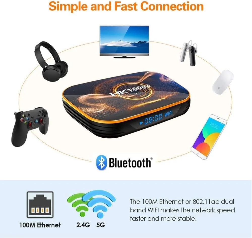 باکس تلویزیون اندروید 10.0 LIROM HK1 RBOX، پردازنده چهار هسته ای 64 بیتی RK3318 Cortex-A53، پردازنده گرافیکی Mali-450، وای فای دوگانه 2.4G/5Ghz BT4.0 3D 4K Ultra HD USB 3.0 H.265، 4 گیگابایت رم + 128 گیگابایت حافظه داخلی