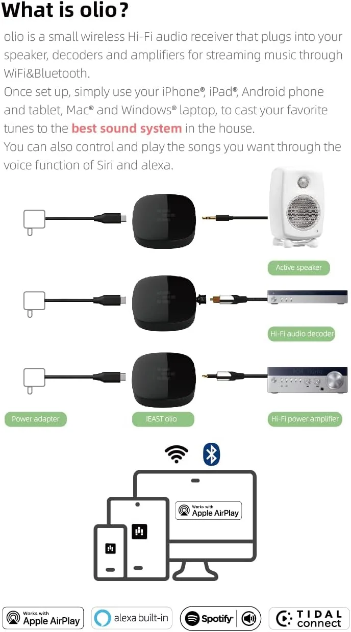 آداپتور گیرنده صوتی استریمینگ Ieast Olio AirPlay 2، سازگار با سیری، وای فای و بلوتوث، Spotify و Tidal Connect Direct، چند اتاقه و چند منطقه ای، پشتیبانی از صدای Hi-Res با کیفیت 192khz/24bit