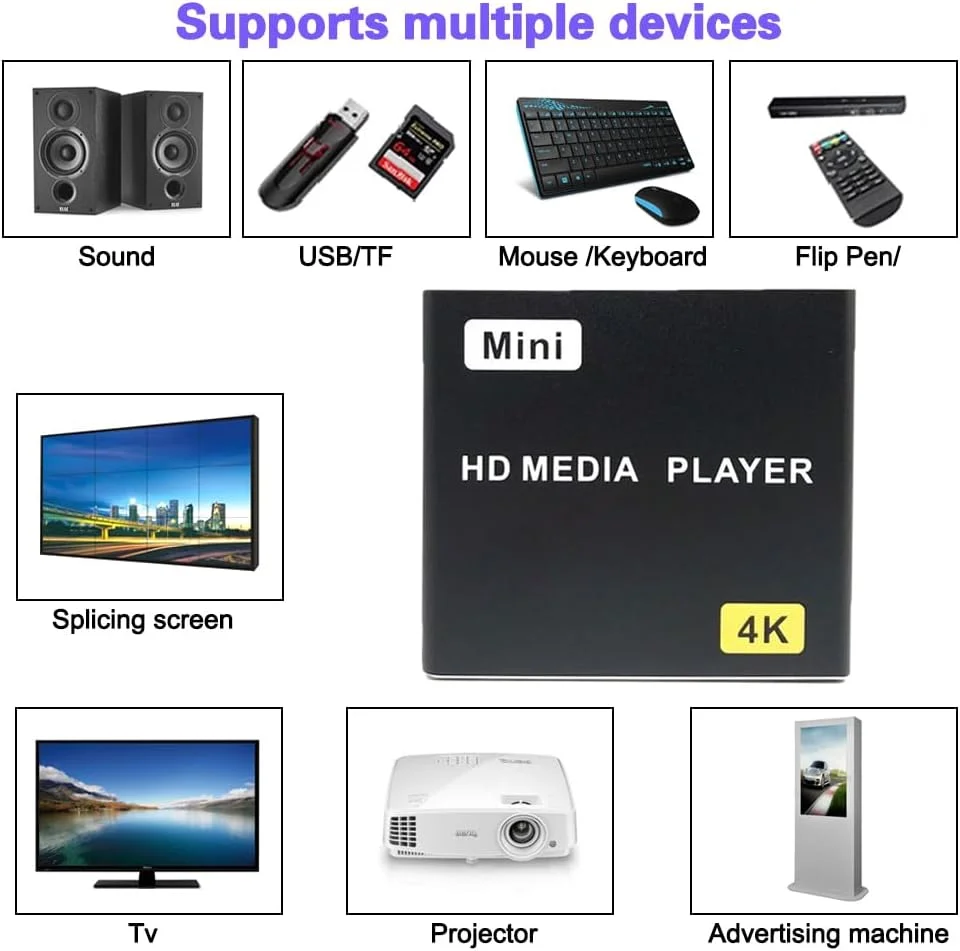 پخش کننده رسانه HDMI، پخش کننده رسانه دیجیتال 4K Full HD با کنترل از راه دور، پشتیبانی از درایو USB، کارت SD، خروجی 4K@30Hz، رمزگشایی H.265 برای پخش تبلیغاتی چند رسانه ای تلویزیون با پخش خودکار. پخش کننده رسانه HDMI، پخش کننده رسانه دیجیتال 4K Full HD با کنترل از راه دور، پشتیبانی از درایو USB، کارت SD، خروجی 4K@30Hz، رمزگشایی H.265 برای پخش تبلیغاتی چند رسانه ای تلویزیون با پخش خودکار.