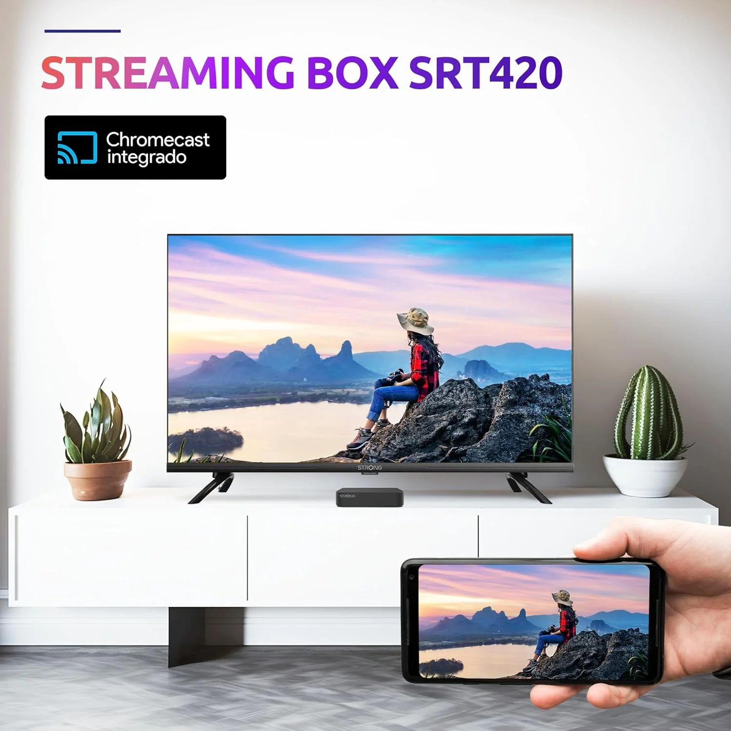 استریم باکس هیبریدی قدرتمند STRONG SRT420 اندروید TV+TNT، 4K، HDR، Dolby Vision، Dolby Atmos، Chromecast، دستیار صوتی گوگل، نتفلیکس، دیزنی پلاس، پرایم، وای فای، اترنت، بلوتوث