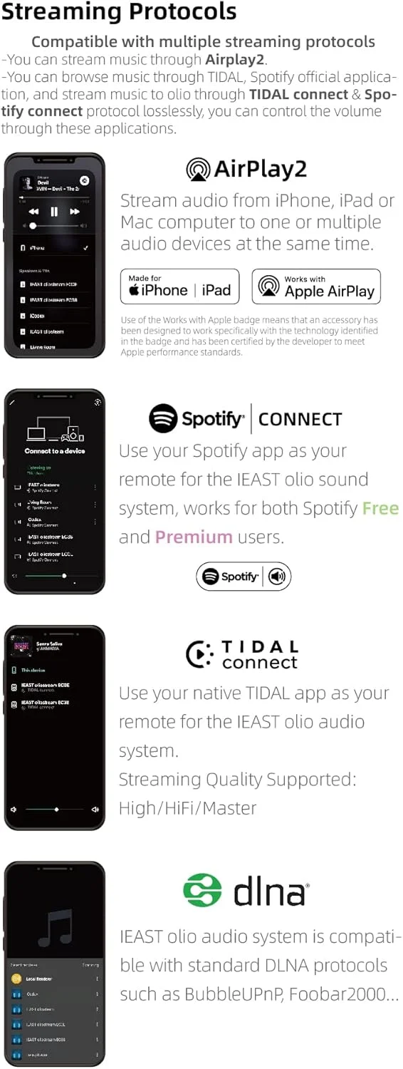 آداپتور گیرنده صوتی استریمینگ Ieast Olio AirPlay 2، سازگار با سیری، وای فای و بلوتوث، Spotify و Tidal Connect Direct، چند اتاقه و چند منطقه ای، پشتیبانی از صدای Hi-Res با کیفیت 192khz/24bit