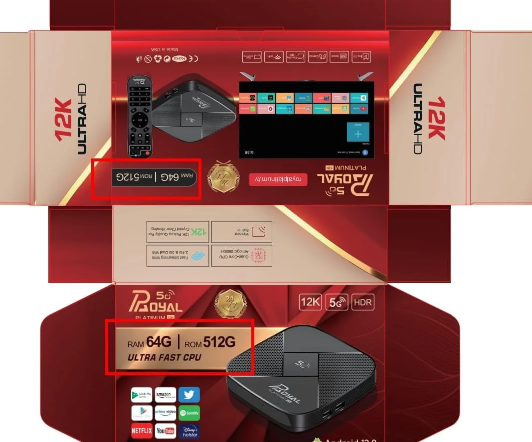 رویال 5G استریمینگ و رزولوشن فوق العاده بالا با جعبه تلویزیون رویال 5G نسخه پلاتینیوم 2023، پردازنده فوق سریع، اندروید 13، رم 64 گیگابایت، رام 512 گیگابایت، 12K الترا اچ دی