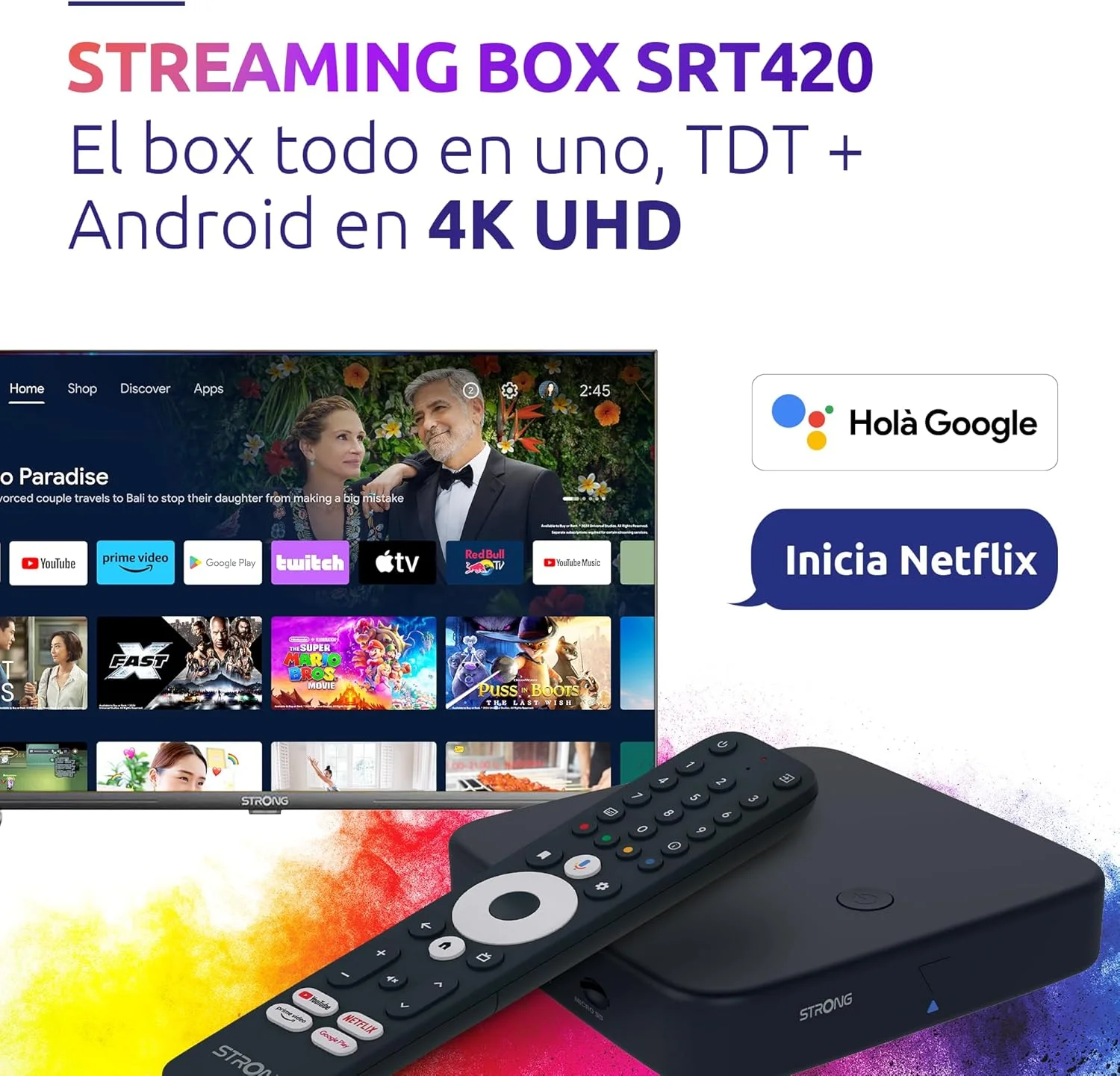 استریم باکس هیبریدی قدرتمند STRONG SRT420 اندروید TV+TNT، 4K، HDR، Dolby Vision، Dolby Atmos، Chromecast، دستیار صوتی گوگل، نتفلیکس، دیزنی پلاس، پرایم، وای فای، اترنت، بلوتوث