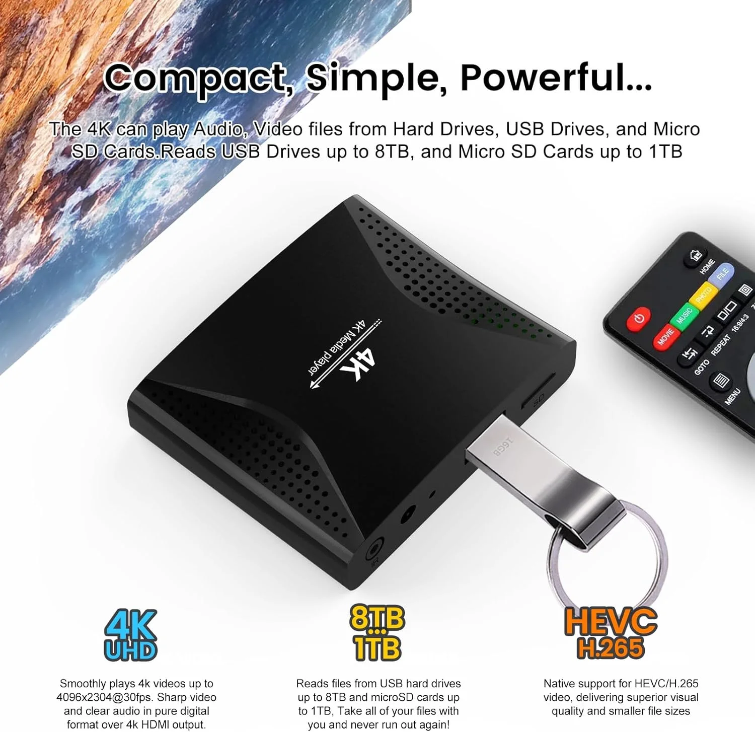 پخش کننده رسانه دیجیتال 4K Ultra HD زومکونم برای فلش مموری USB و کارت های MicroSD با HDMI 4K و AV آنالوگ، نمایشگر دیجیتال، پخش خودکار، پشتیبان گیری و قابلیت حلقه ای، فیلم ها