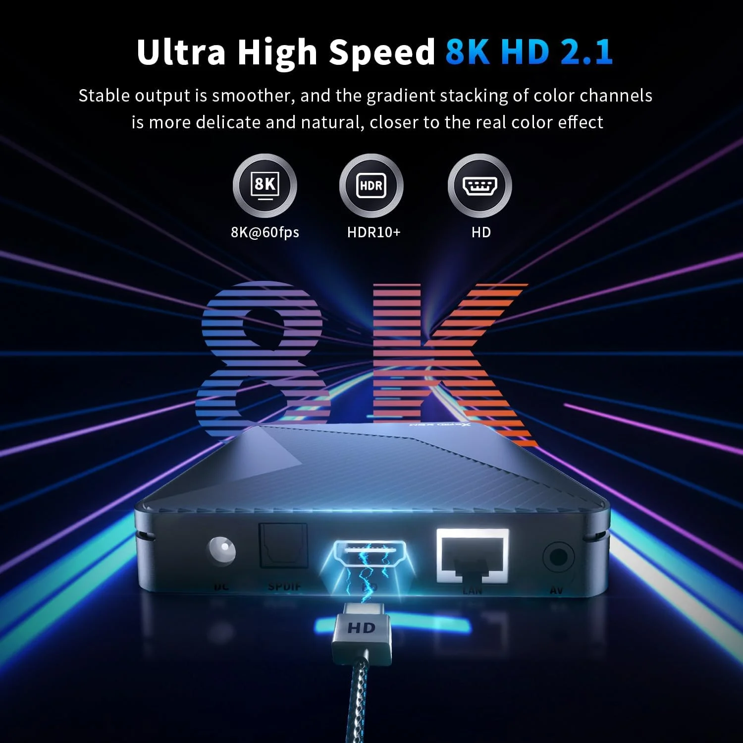 اندروید تی وی باکس X5M، اندروید 14.0، رم 2 گیگابایتی، رام 16 گیگابایتی، S905X5M 2.0GHz، 64 بیتی چهار هسته ای Cortex-A55، پردازنده گرافیکی Mali-G310، پشتیبانی از WIFI6 2.4/5.0GHz، BT5.0، 8K HDR10+ Dolby، اترنت 1000M، HDMI 2.1، H.265، اسمارت تی وی باکس