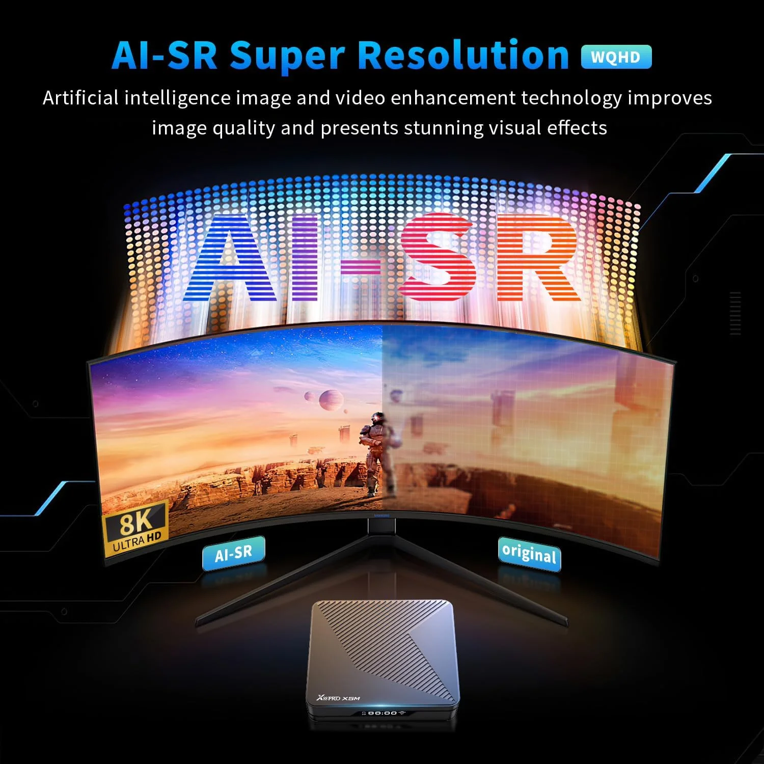 اندروید تی وی باکس X5M، اندروید 14.0، رم 2 گیگابایتی، رام 16 گیگابایتی، S905X5M 2.0GHz، 64 بیتی چهار هسته ای Cortex-A55، پردازنده گرافیکی Mali-G310، پشتیبانی از WIFI6 2.4/5.0GHz، BT5.0، 8K HDR10+ Dolby، اترنت 1000M، HDMI 2.1، H.265، اسمارت تی وی باکس