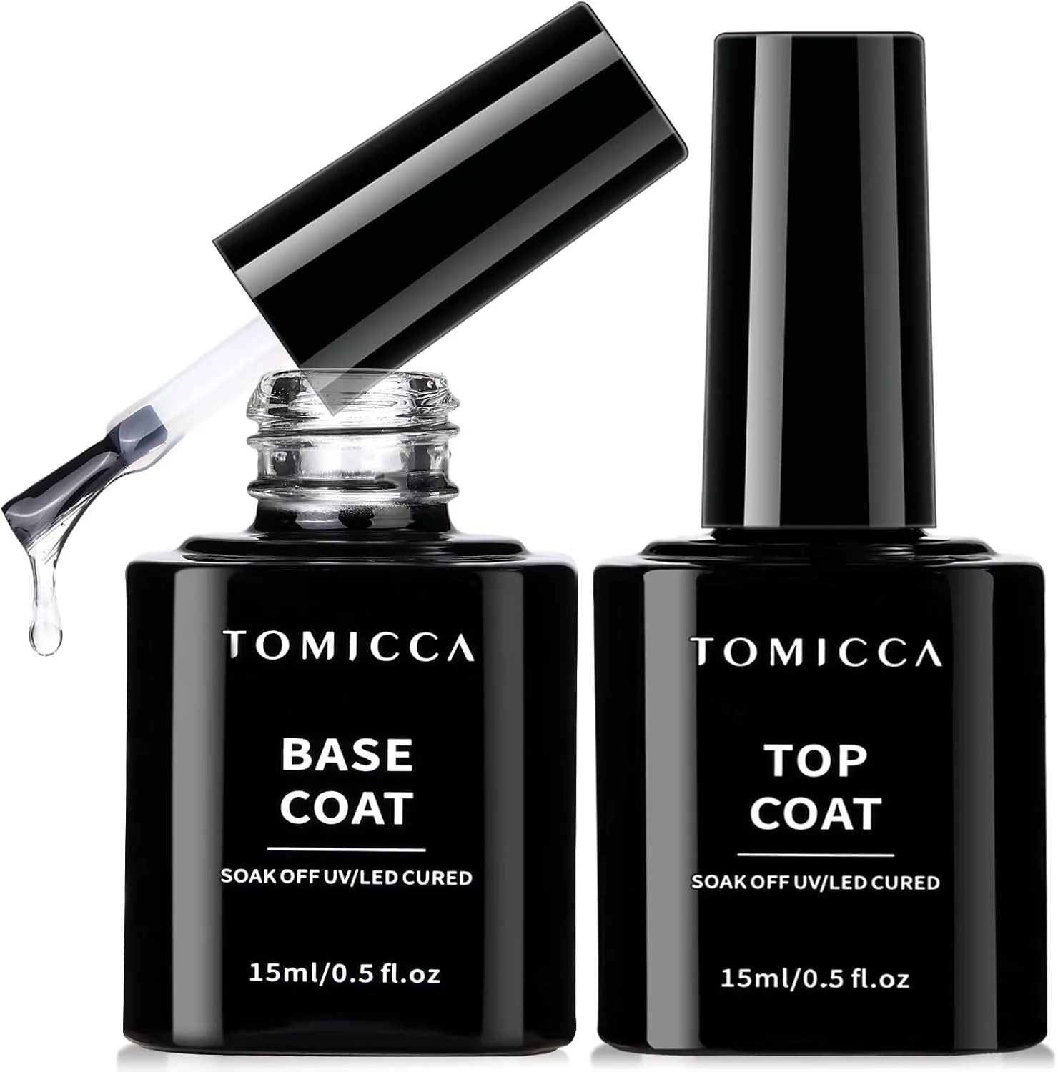 ست لاک ژل بیس کت و تاپ کت بدون نیاز به پاک کردن TOMICCA، 15 میلی لیتر، 2 عددی، با پوشش براق و ماندگاری طولانی، قابل برداشتن با خیساندن، پوشش براق، بیس کت و تاپ کت برای لاک ناخن
