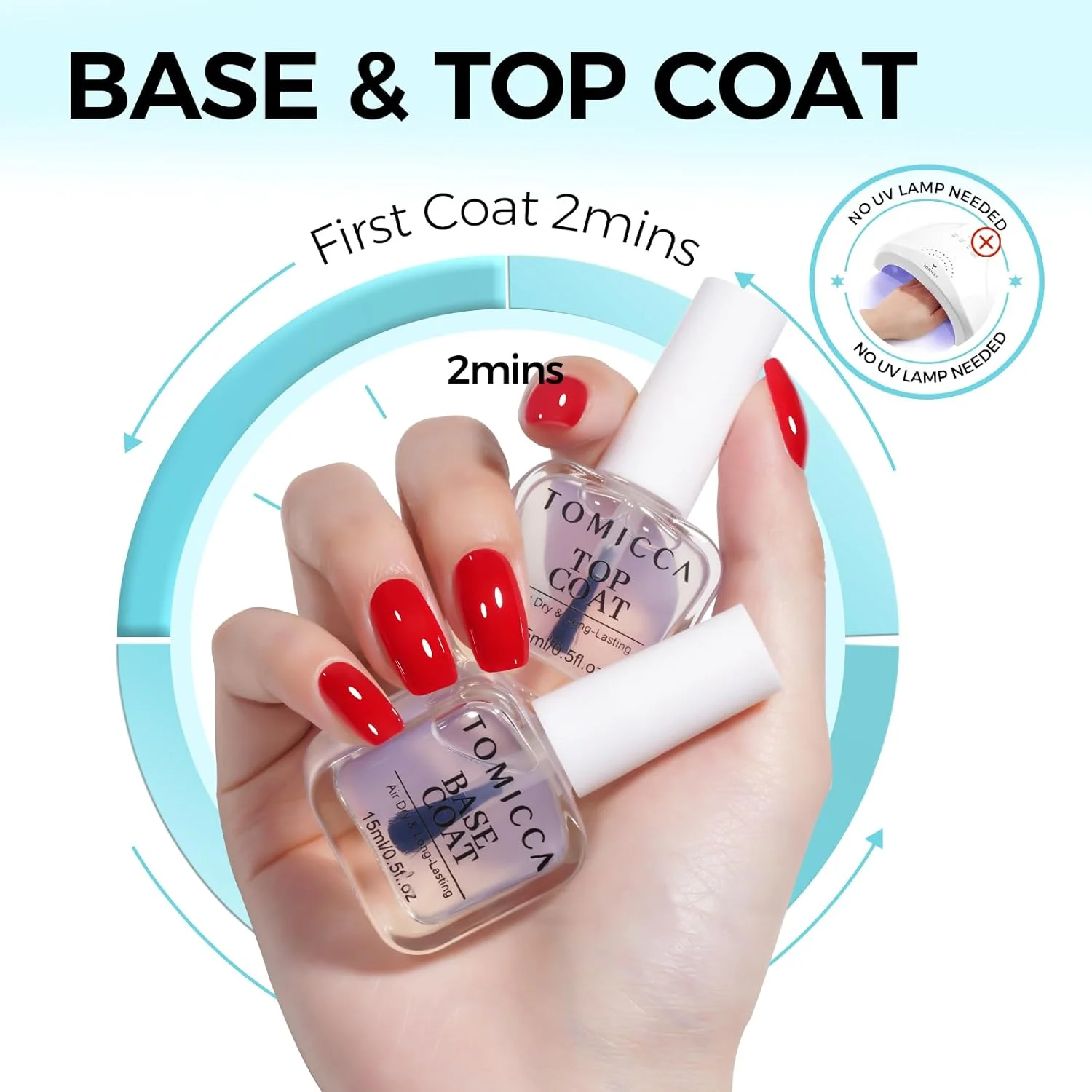 ست لاک ناخن تاپ کت و بیس کت تومیکا، لاک پایه شفاف 15 میلی لیتری، لاک ناخن تاپ کت براق، خشک شدن سریع و ماندگاری طولانی، محافظت از ناخن