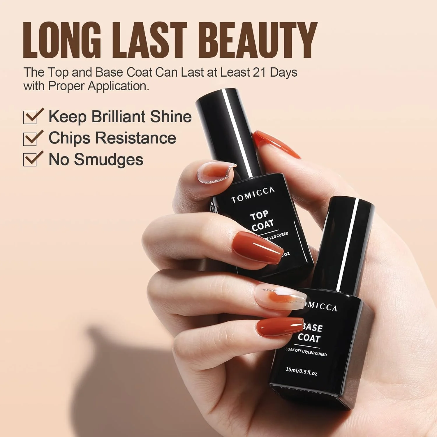 ست لاک ژل بیس کت و تاپ کت بدون نیاز به پاک کردن TOMICCA، 15 میلی لیتر، 2 عددی، با پوشش براق و ماندگاری طولانی، قابل برداشتن با خیساندن، پوشش براق، بیس کت و تاپ کت برای لاک ناخن