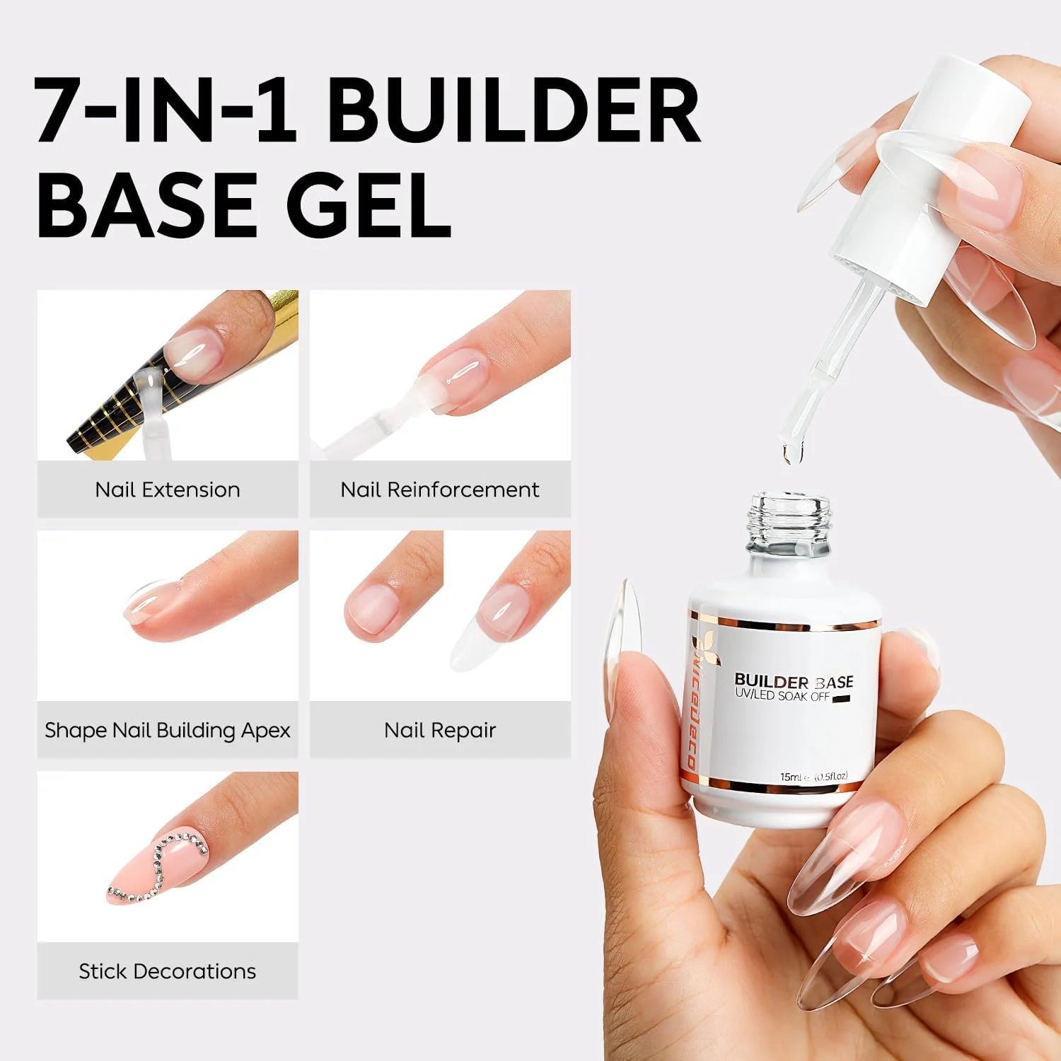 ژل بیس بیلدر 7 در 1 نیکودکو، 15 میلی لیتر، ژل بیلدر شفاف UV LED، ژل سریع سازنده ناخن، بدون تست حیوانی، ژل اکستنشن ناخن شفاف