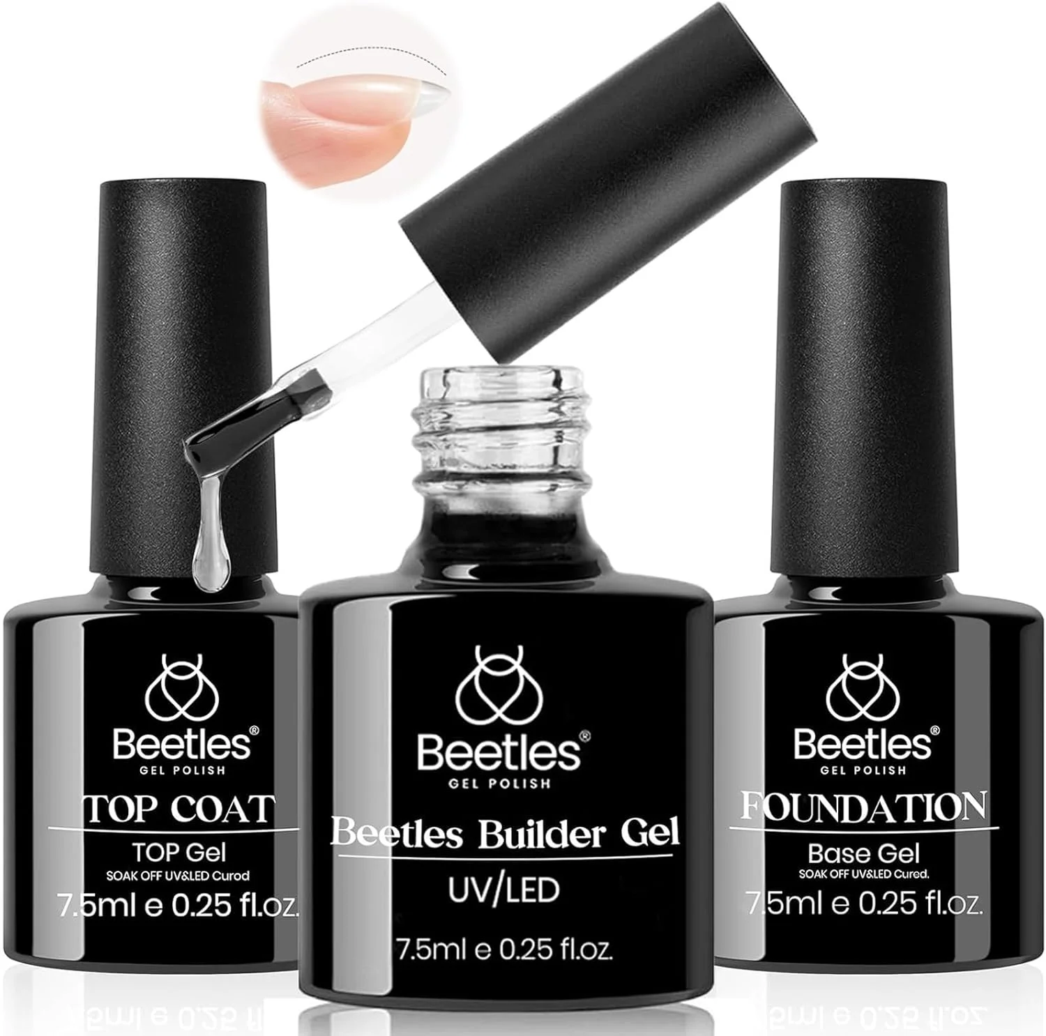 مجموعه ژل لاک ناخن 3 عددی Beetles شامل بیس کت، تاپ کت بدون نیاز به پاک کردن و ژل بیلدر، با پوشش براق و ماندگاری طولانی، ژل سخت تقویت کننده شفاف LED Soak Off برای طراحی ناخن