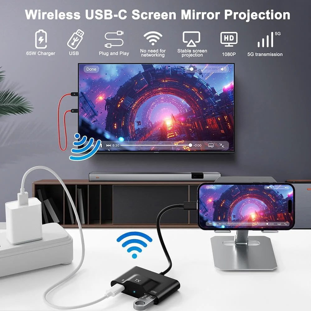 فرستنده و گیرنده HDMI بی سیم، USB-C به HDMI، انتقال تصویر 1080p HD، انتقال 5G، شارژ 65W PD