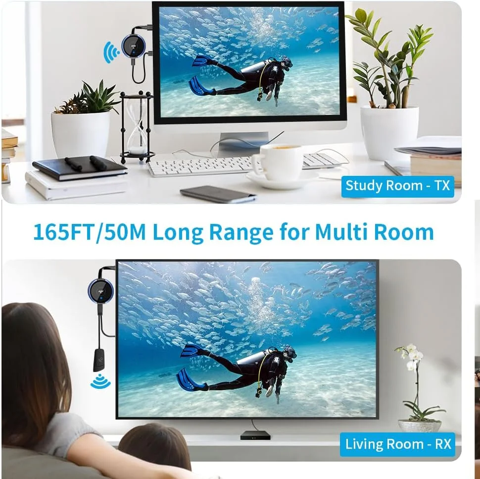 فرستنده HDMI بی‌سیم، توسعه‌دهنده بی‌سیم HDMI 5G AIMIBO، پخش ویدئو/صوتی/فایل 4K برای تلفن، لپ‌تاپ، دوربین، جعبه کابل، نتفلیکس، به HDTV، مانیتور، پروژکتور، 50 متر، آبی