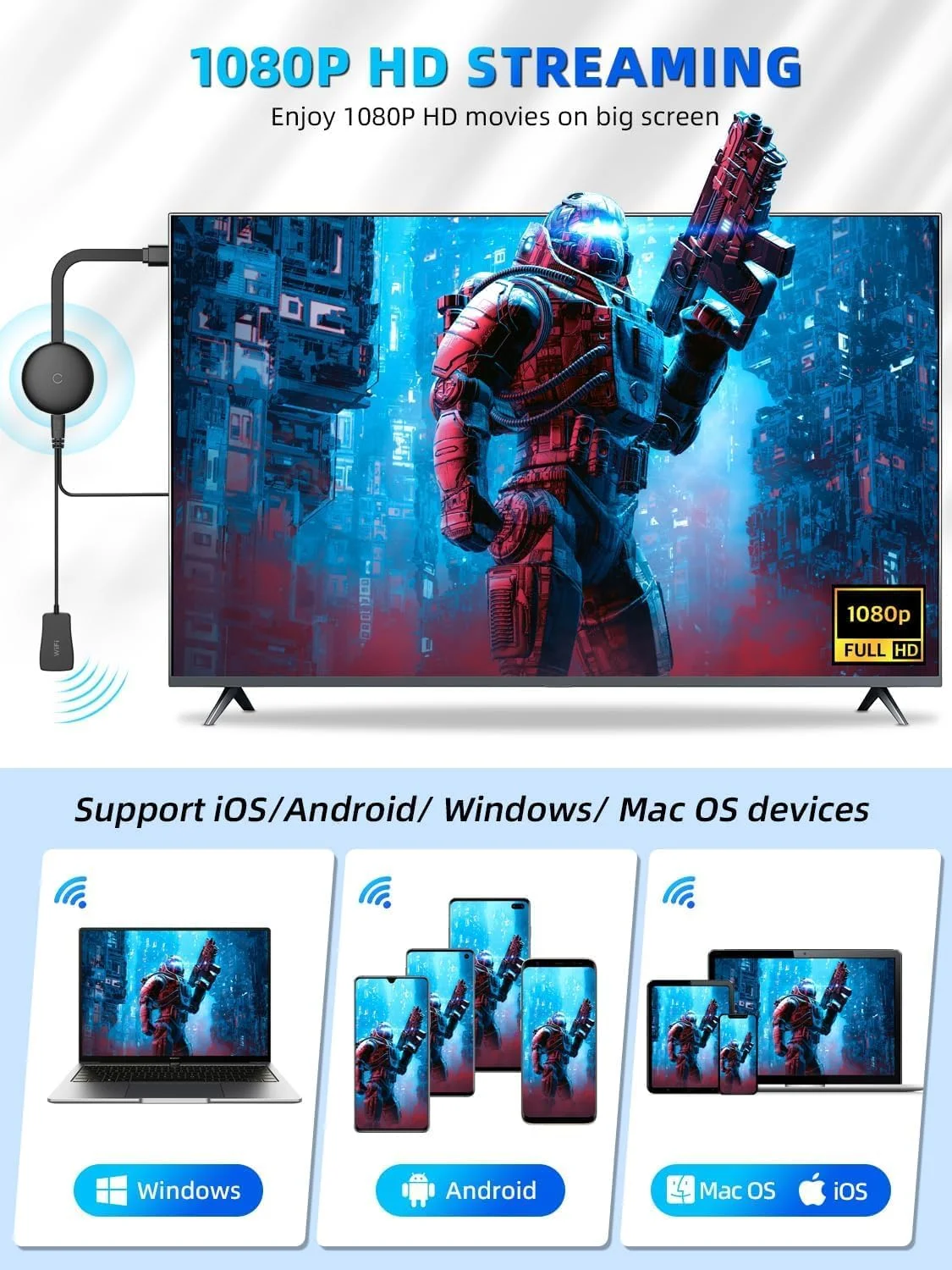 دانگل نمایشگر HDMI بی‌سیم 4K، آداپتور 1080P، پخش جریانی WiFi فیلم، نمایش و گیرنده تلویزیون زنده از آیفون، آیپد، اندروید، تبلت، ویندوز به HDTV/مانیتور/پروژکتور، Miracast، Airplay، DLNA، Chrome