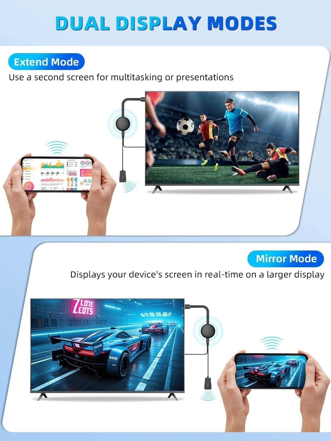 دانگل نمایشگر HDMI بی‌سیم 4K، آداپتور 1080P، پخش جریانی WiFi فیلم، نمایش و گیرنده تلویزیون زنده از آیفون، آیپد، اندروید، تبلت، ویندوز به HDTV/مانیتور/پروژکتور، Miracast، Airplay، DLNA، Chrome