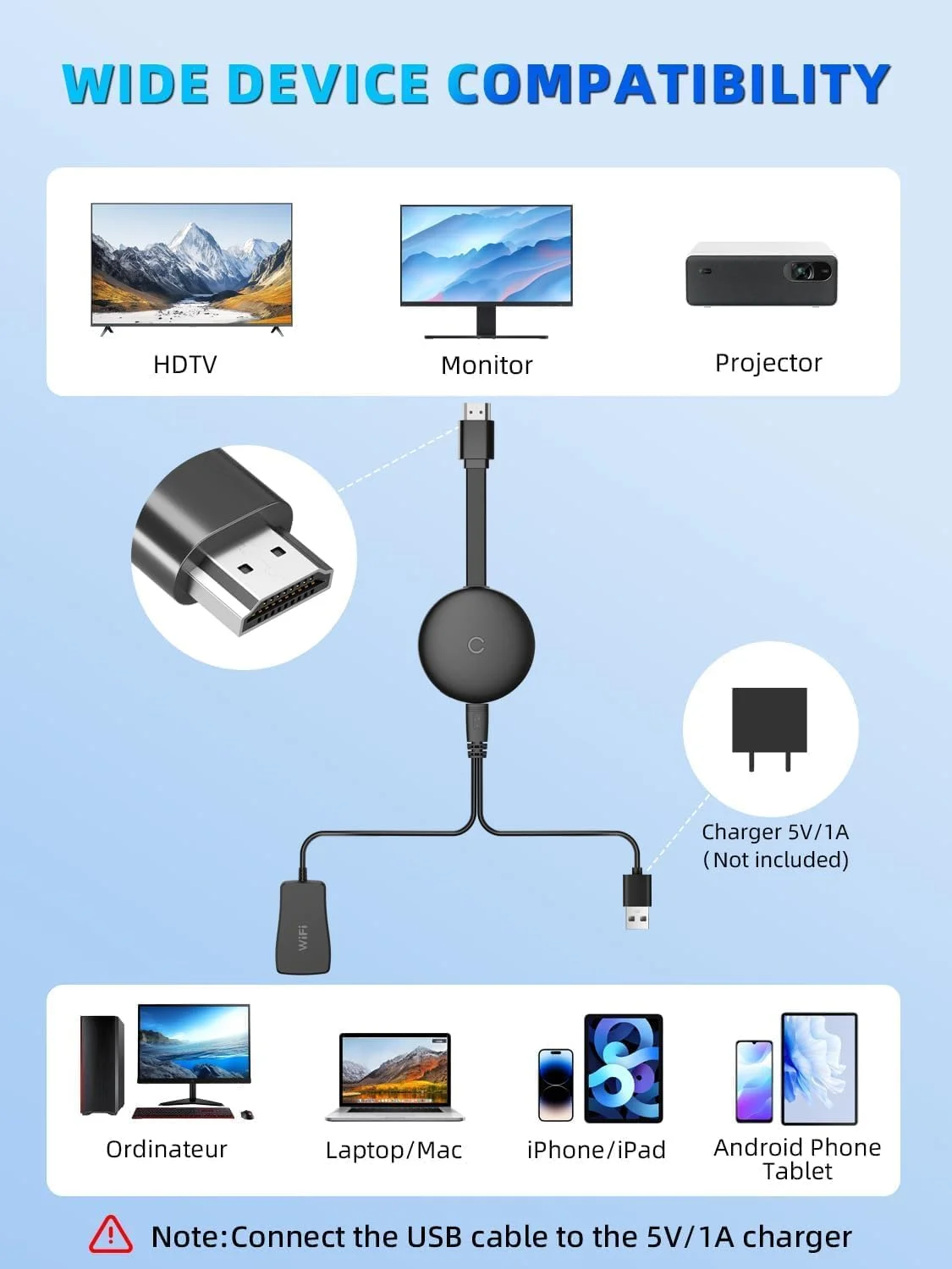 دانگل نمایشگر HDMI بی‌سیم 4K، آداپتور 1080P، پخش جریانی WiFi فیلم، نمایش و گیرنده تلویزیون زنده از آیفون، آیپد، اندروید، تبلت، ویندوز به HDTV/مانیتور/پروژکتور، Miracast، Airplay، DLNA، Chrome