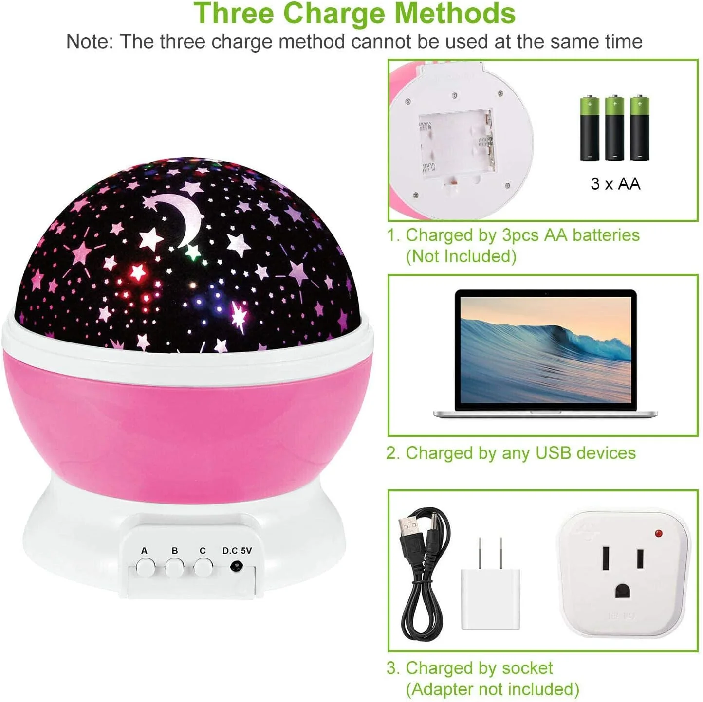 چراغ خواب پروژکتور ماه و ستاره 4 LED زنانه و بچگانه (صورتی) چراغ خواب پروژکتور ماه و ستاره 4 LED زنانه و بچگانه (صورتی)