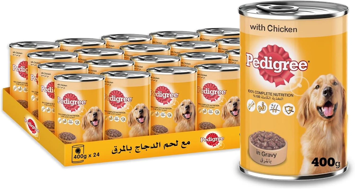 غذای سگ پدیگری، با طعم مرغ در آب گوشت، غذای مرطوب سگ، بسته 24 عددی 400 گرمی، غذای مرطوب کامل و متعادل سگ برای سگ های بالغ