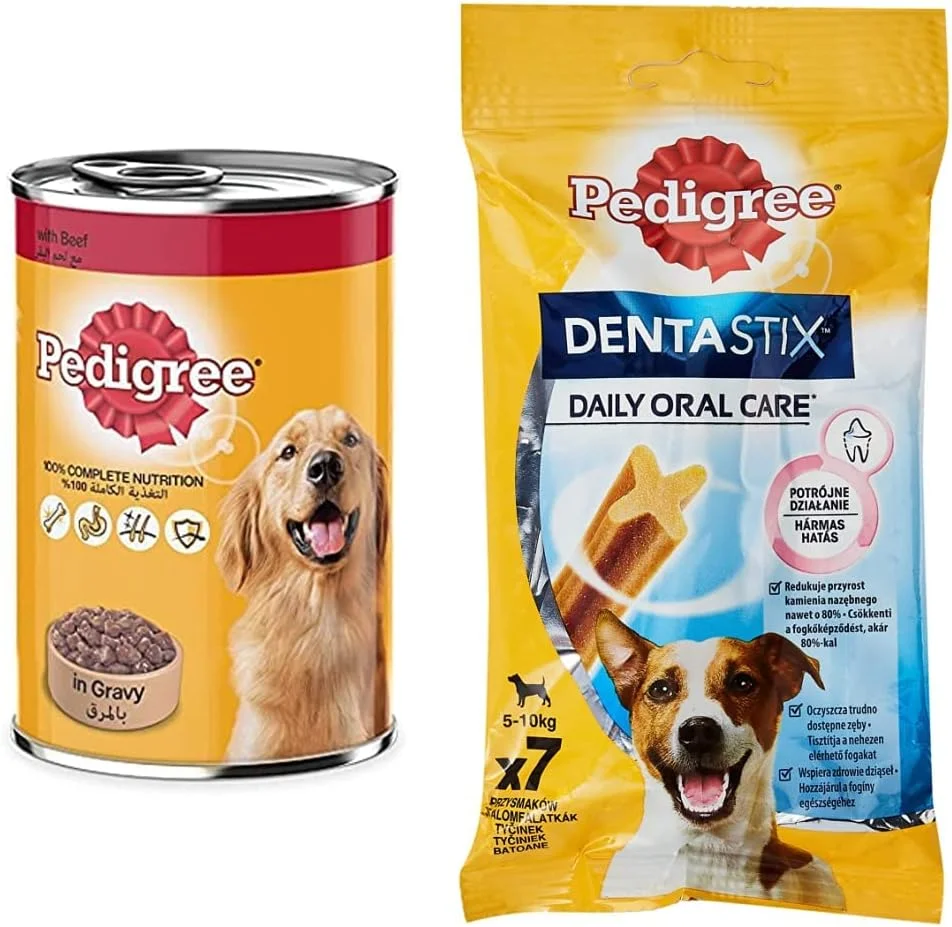 پدیگری، تکه های گوشت گاو در آب گوشت غذای مرطوب سگ، 400 گرم و تشویقی سگ دنتاستیکس نژاد کوچک بسته 7 عددی 110 گرم