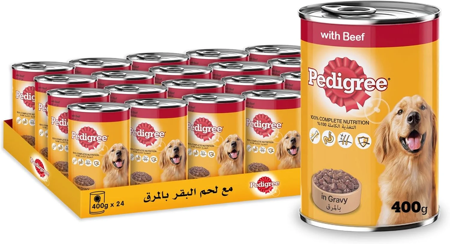 غذای سگ پدیگری، غذای مرطوب سگ با طعم گوشت گاو در آب گوشت، بسته 24 عددی 400 گرمی، غذای مرطوب کامل و متعادل برای سگ های بالغ