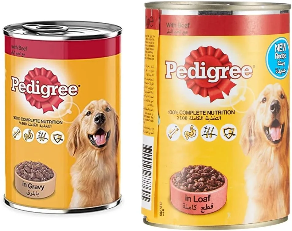 غذای مرطوب سگ با تکه های گوشت گاو در آب گوشت، پدیگری، 400 گرم و غذای مرطوب سگ با طعم گوشت گاو، پدیگری، قوطی، 400 گرم