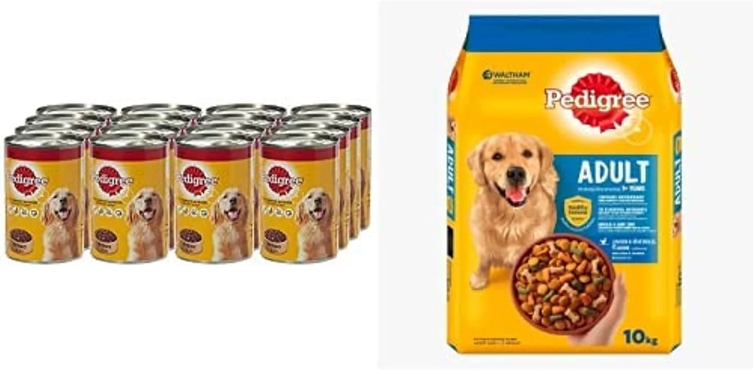 تکه های گوشت گاو در آب گوشت، غذای مرطوب سگ، کنسرو، 24 عدد 400 گرمی + غذای خشک سگ (بزرگسال) با طعم مرغ و سبزیجات PEDIGREE، 10 کیلوگرمی