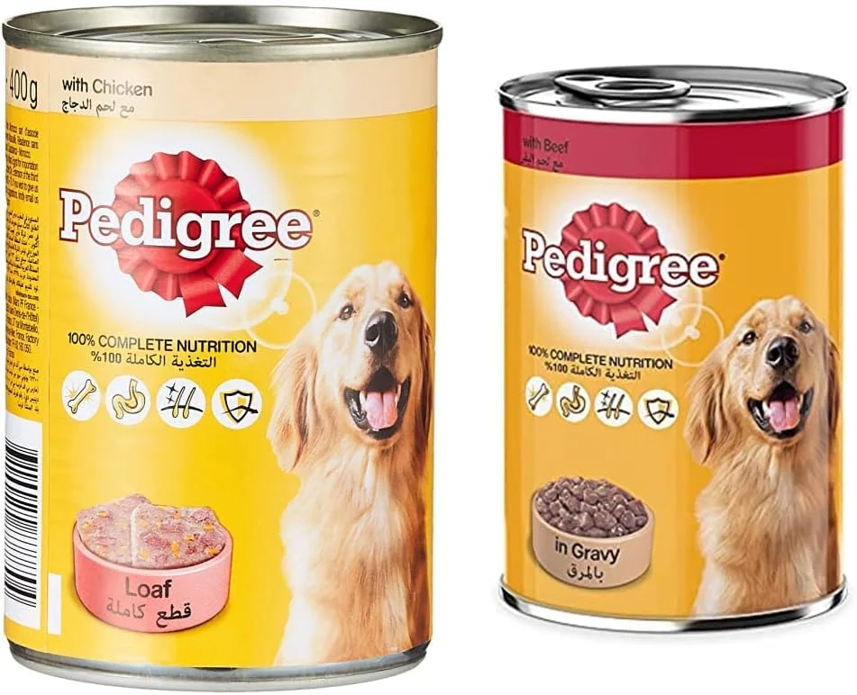 کنسرو غذای مرطوب سگ با طعم مرغ پدیگری 400 گرمی و تکه های گوشت گاو در سس آبدار، 400 گرم