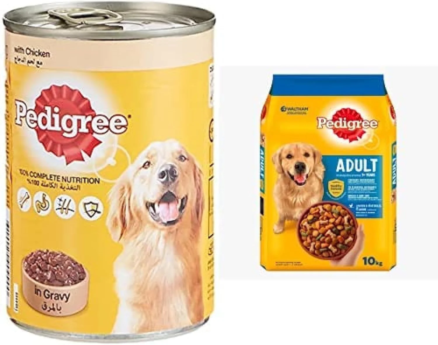 تکه های مرغ در آب گوشت پدیگری، غذای مرطوب سگ، قوطی، 24 عدد 400 گرمی + غذای خشک سگ پدیگری مرغ و سبزیجات (بزرگسال)، 10 کیلوگرم