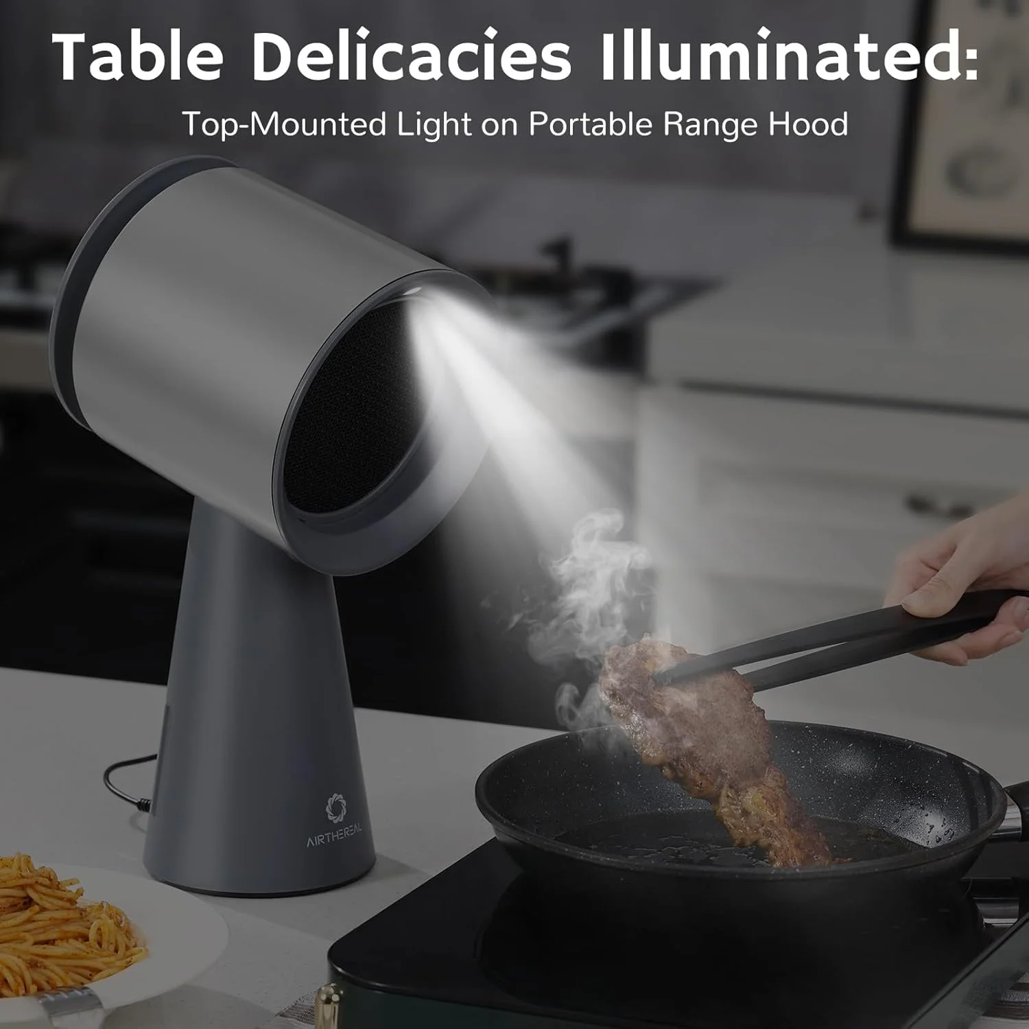 هود رومیزی ایرثیریال RH180 با 3 سرعت و فنجان بزرگ جمع آوری روغن، فیلتر کربنی آلومینیومی جداشدنی، فن تهویه آشپزخانه قابل حمل با صدای کم برای پخت و پز، نقره ای