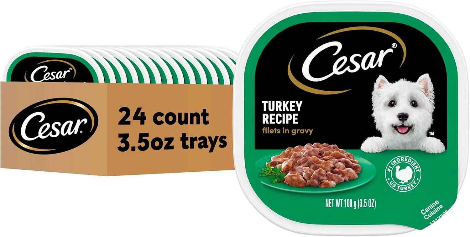 غذای مرطوب سگ سزار، فیله بوقلمون در آب گوشت، (24 بسته) 100 گرمی با باز کردن آسان