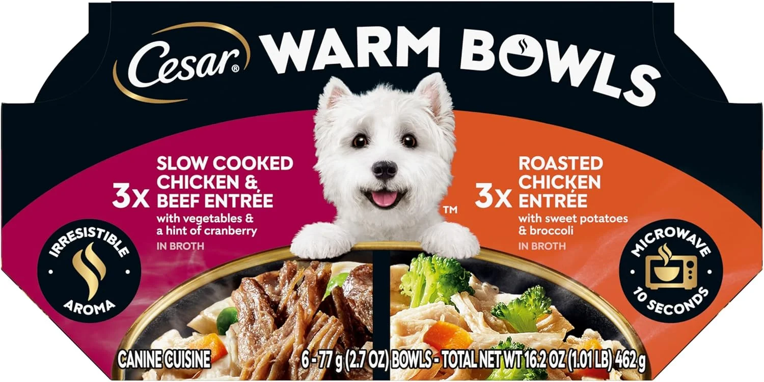 غذای مرطوب سگ سزار Warm Bowls، طعم های مختلف: مرغ و گوشت گاو؛ و غذاهای مرغ، سینی های 76 گرمی (6 عدد، بسته 1 عددی)