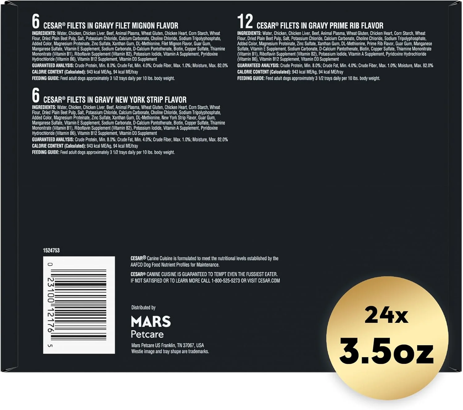 غذای مرطوب سگ بالغ سزار، فیله در آب گوشت با طعم های فیله مینیون، نیویورک استریپ و پرایم ریب، بسته 24 عددی 3.5 اونسی با باز کردن آسان