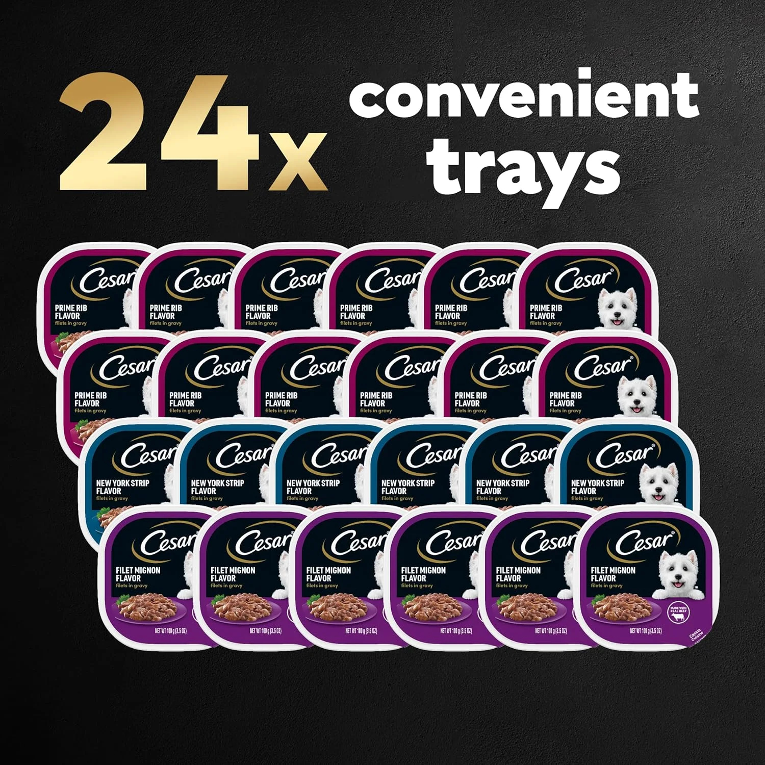 غذای مرطوب سگ بالغ سزار، فیله در آب گوشت با طعم های فیله مینیون، نیویورک استریپ و پرایم ریب، بسته 24 عددی 3.5 اونسی با باز کردن آسان