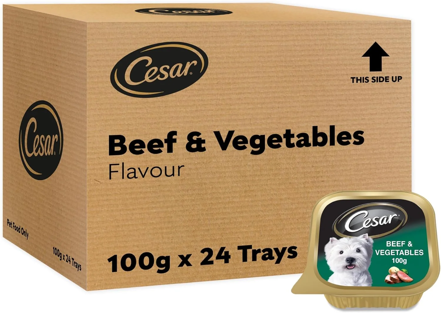 غذای سگ سزار، غذای مرطوب سگ با طعم گوشت گاو و سبزیجات، بسته 24 عددی 100 گرمی، فرموله شده بدون غلات، تغذیه متعادل سگ