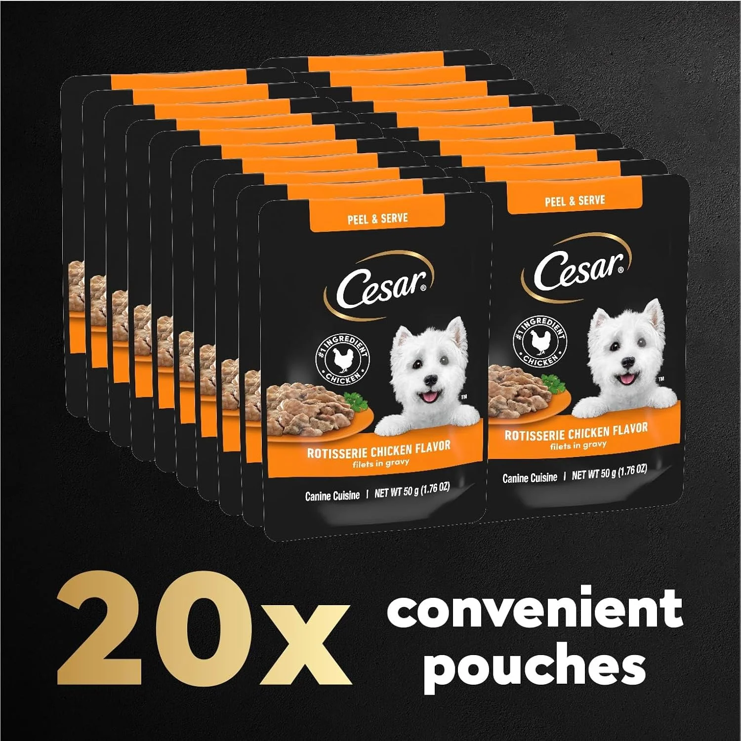 غذای مرطوب سگ سزار فیله در آب گوشت با طعم مرغ بریانی، بسته های کوچک 50 گرمی، بسته 20 عددی