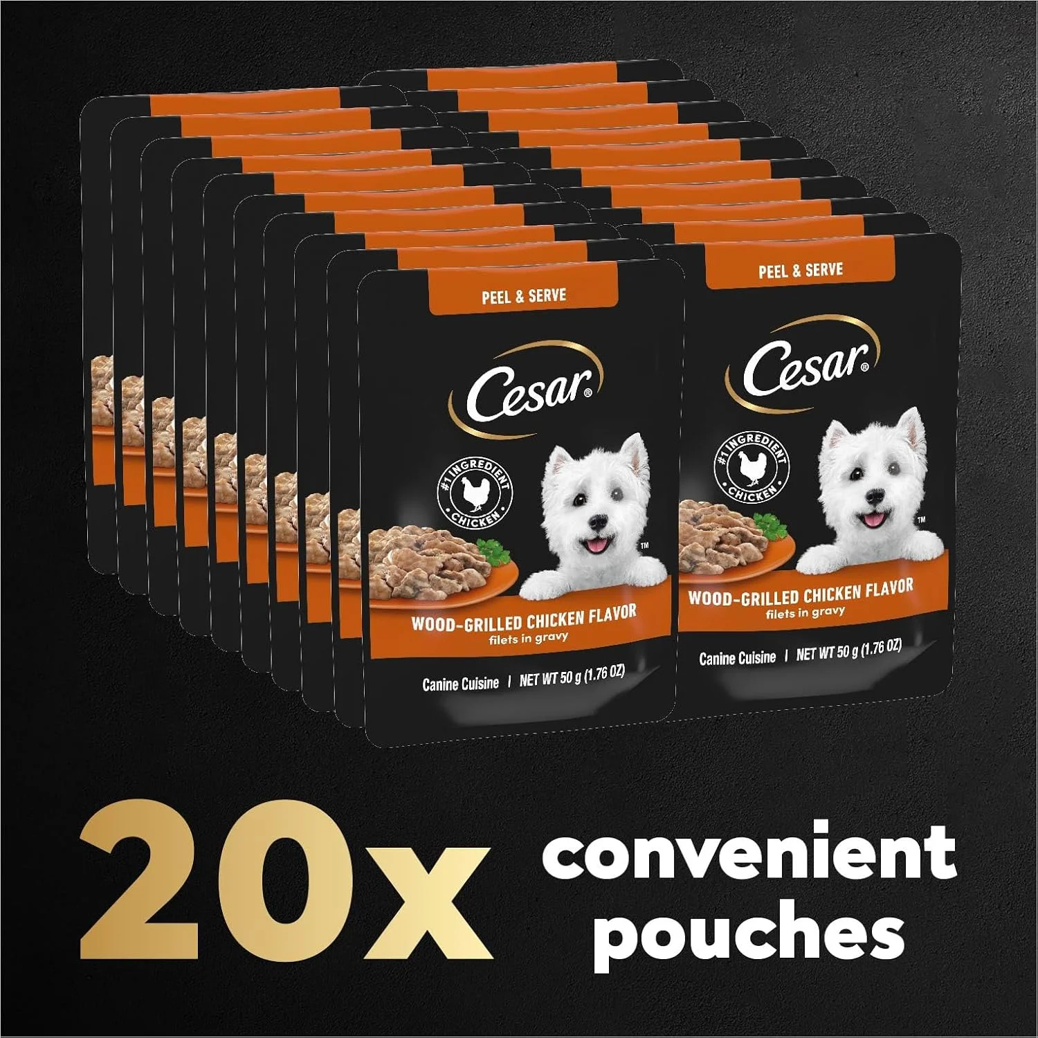 غذای مرطوب سگ سزار فیله با طعم مرغ کبابی در آب گوشت، بسته های کوچک 50 گرمی (20 عدد، یک بسته)