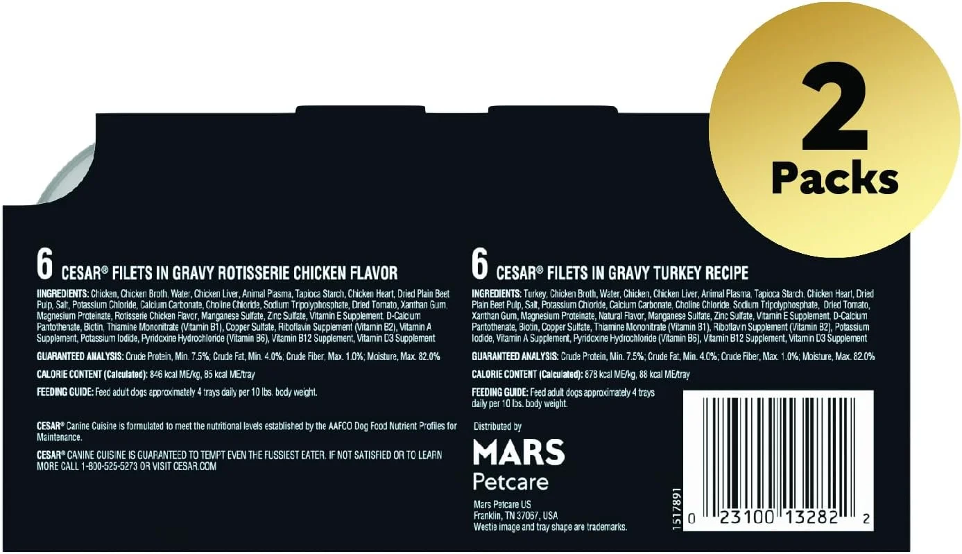 غذای مرطوب سگ بالغ سزار، فیله در آب گوشت، بسته متنوع دوستداران طیور، سینی های پوست کندن آسان 99 گرمی، بسته 24 عددی