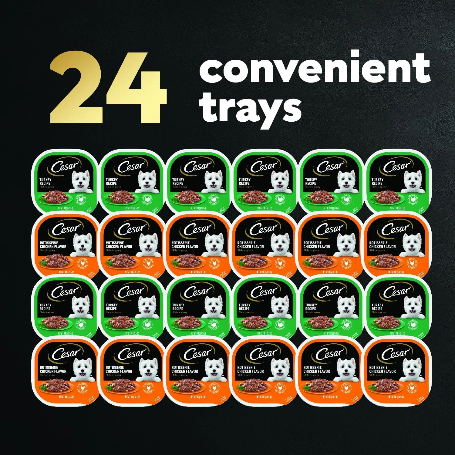 غذای مرطوب سگ بالغ سزار، فیله در آب گوشت، بسته متنوع دوستداران طیور، سینی های پوست کندن آسان 99 گرمی، بسته 24 عددی