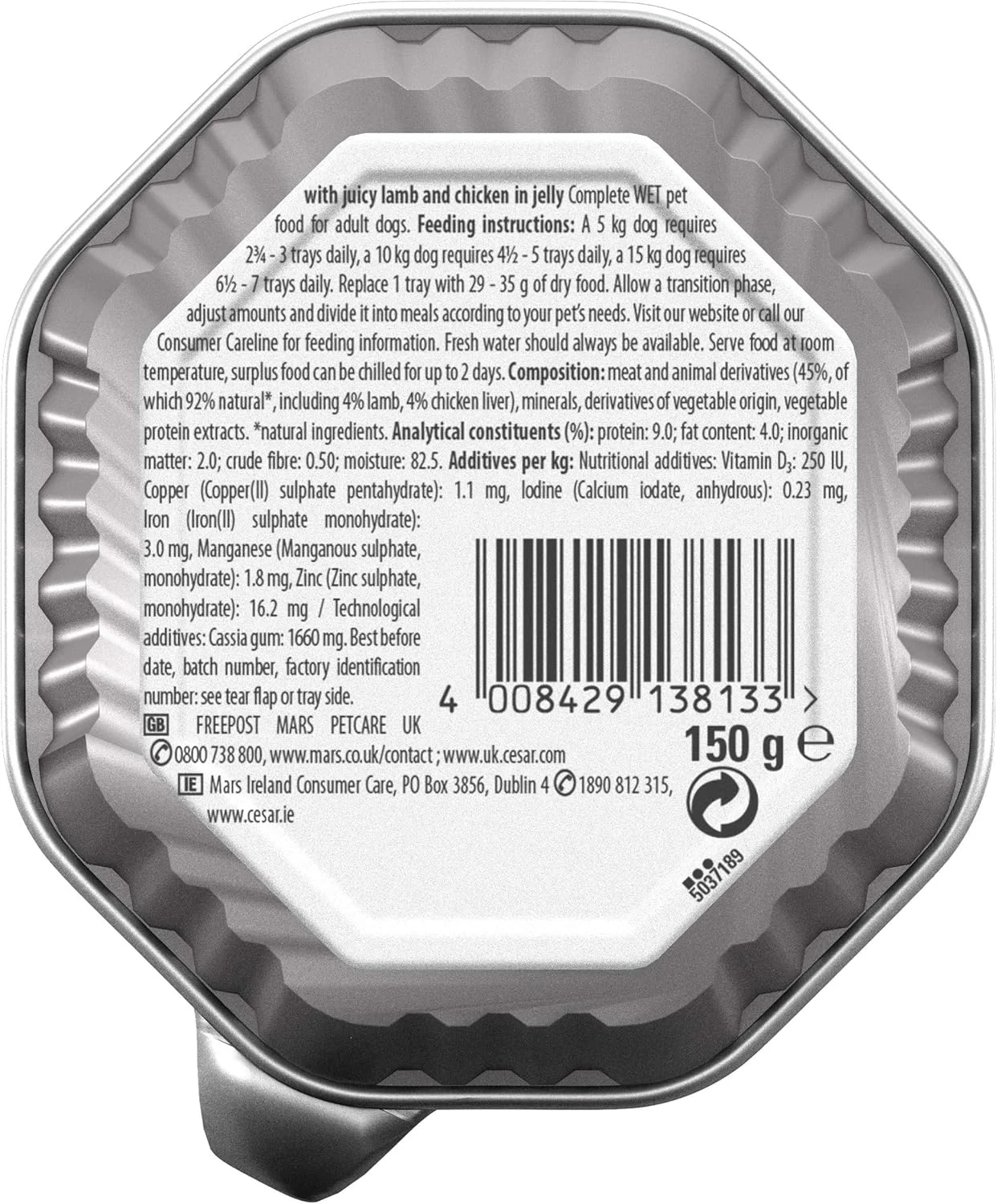 غذای سگ سزار کلاسیک ترینه - غذای مرطوب سگ بالغ 1+ طعم بره آبدار و مرغ در ژله، 14 سینی (14 × 150 گرم)