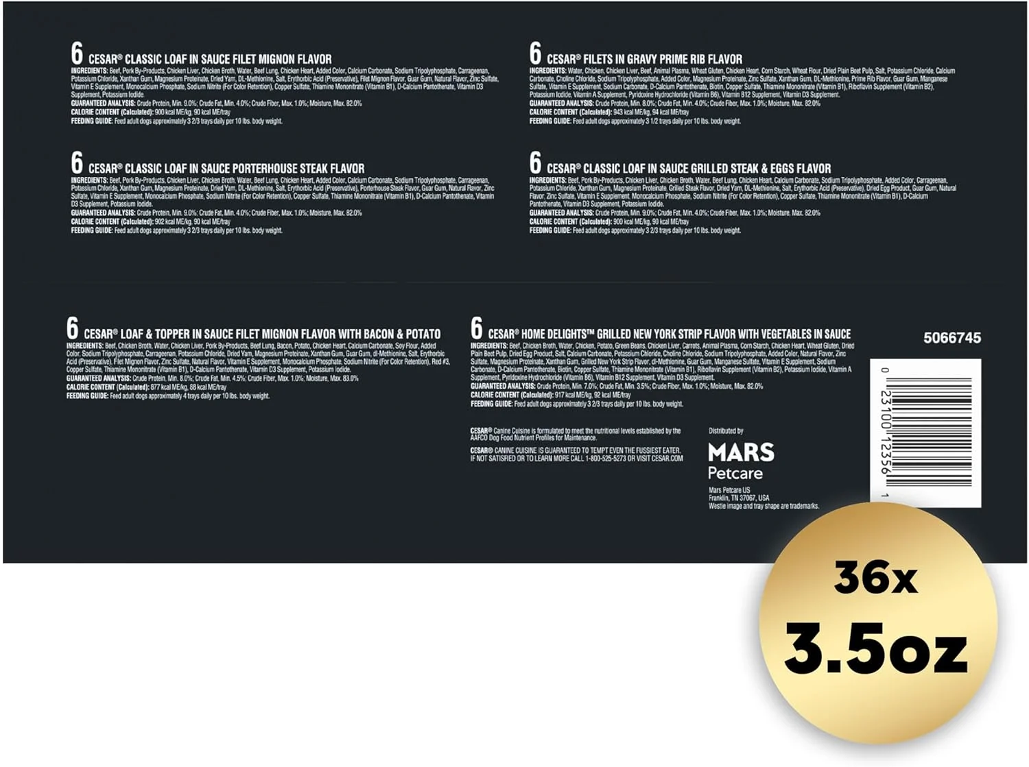 غذای مرطوب سگ سزار، طعم کلاسیک گوشت استیک در سس، بسته متنوع (36 عدد) 3.5 اونسی با درب آسان بازشو