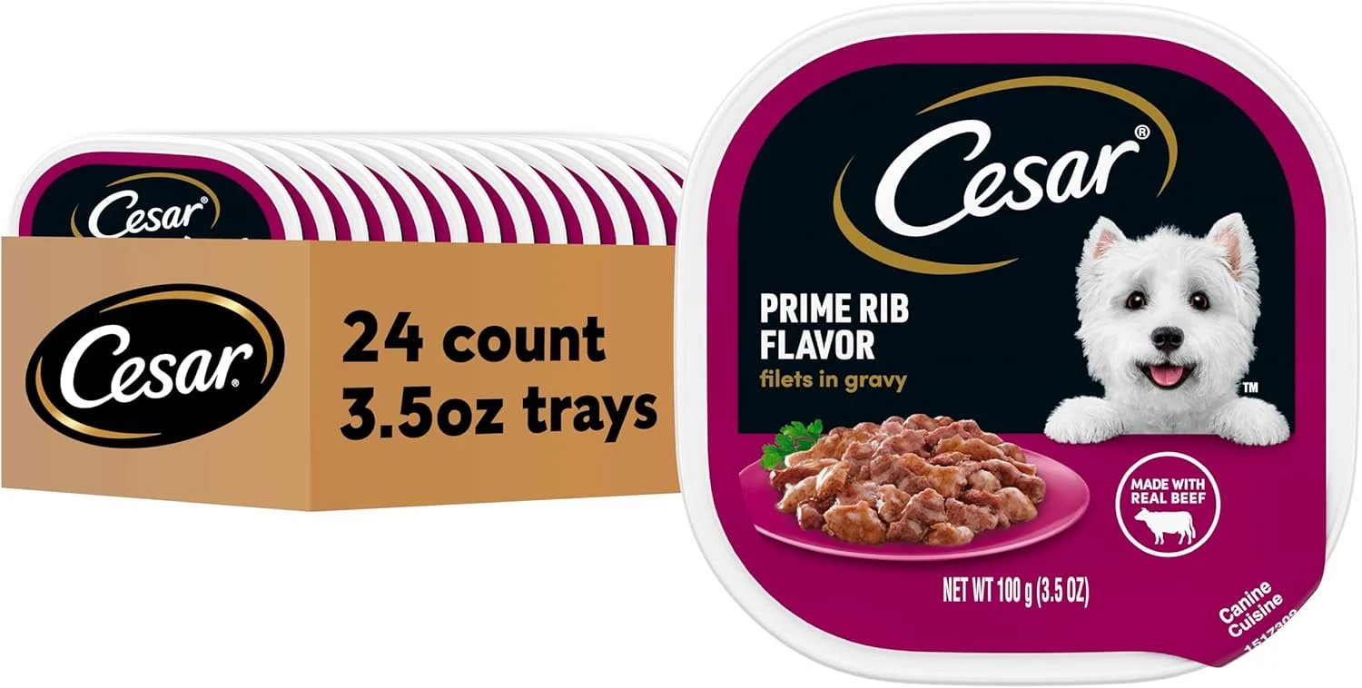 غذای مرطوب سگ بالغ سزار، فیله در آب گوشت با طعم دنده، 100 گرم. بسته بندی 24 عددی