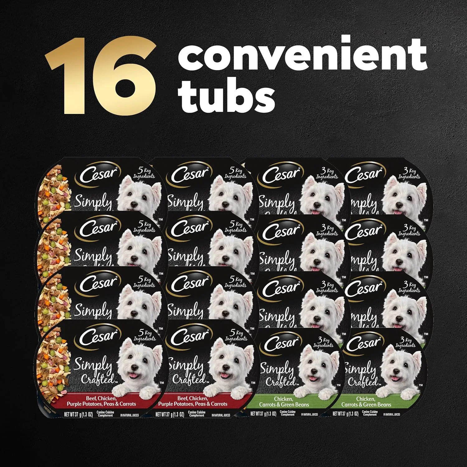 افزودنی غذای سگ بالغ مرطوب سزار، طعم مرغ، هویج و لوبیا سبز و طعم گوشت گاو، مرغ، سیب زمینی بنفش، نخود فرنگی و هویج، بسته متنوع، 37 گرم (16 عدد، بسته 1 عددی)