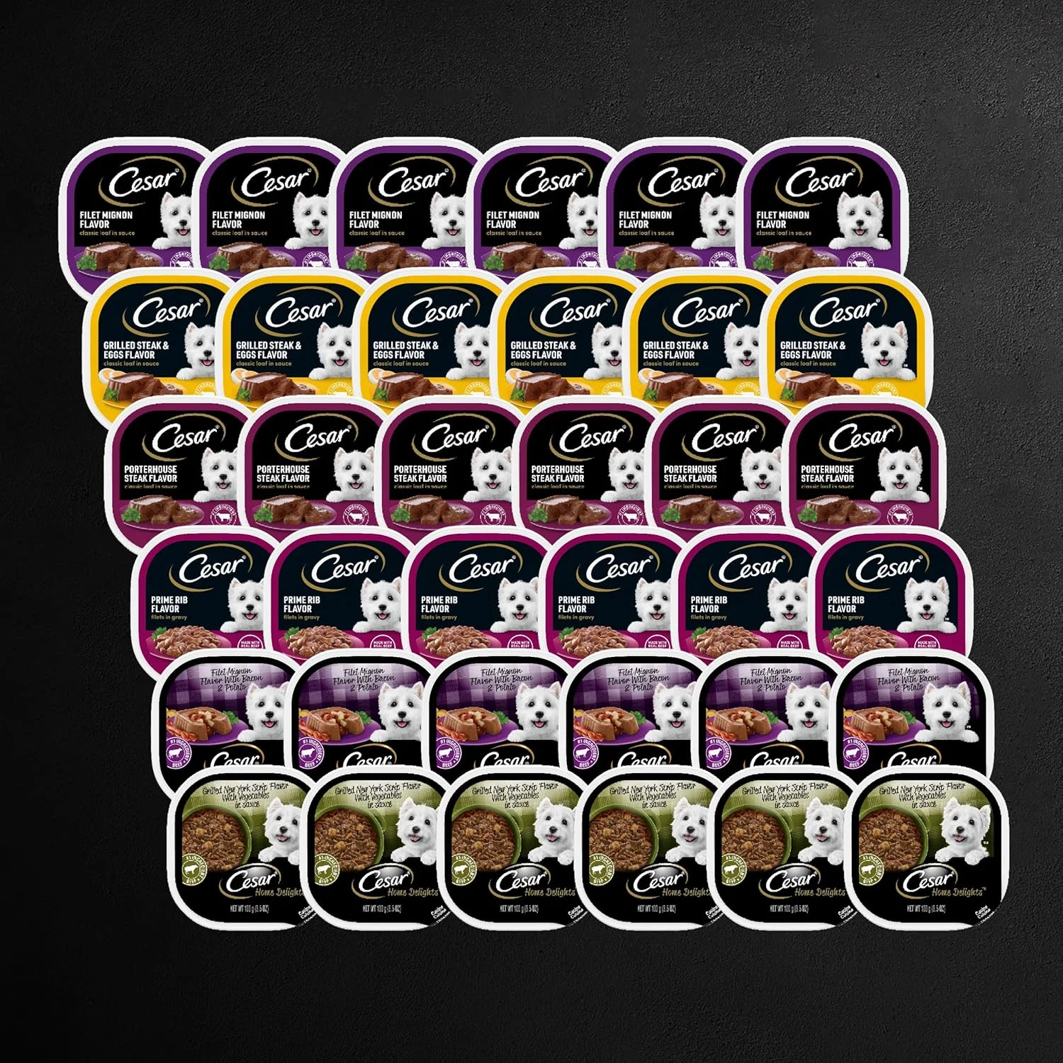 غذای مرطوب سگ سزار، طعم کلاسیک گوشت استیک در سس، بسته متنوع (36 عدد) 3.5 اونسی با درب آسان بازشو