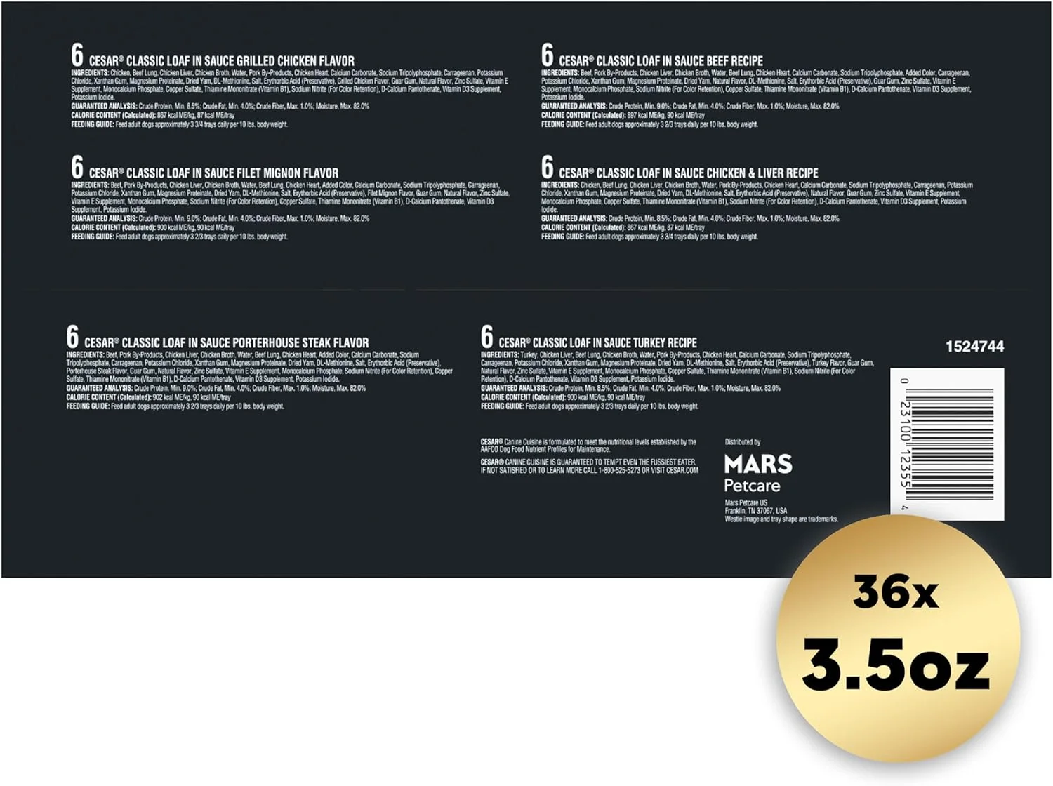 غذای مرطوب سگ سزار، طعم کلاسیک گوشت کبابی در سس، فیله مینیون، استیک پورترهاوس، گوشت گاو، مرغ و جگر و بوقلمون، بسته متنوع 3.5 اونسی. بسته بندی آسان (36 عدد، بسته 1 عددی)