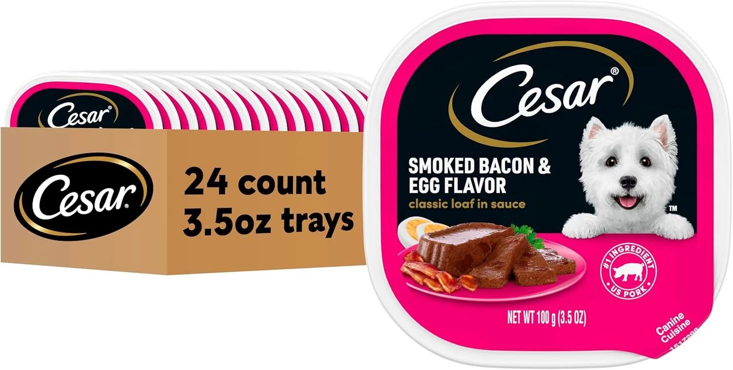 غذای مرطوب سگ بالغ سزار، طعم بیکن دودی و تخم مرغ، 100 گرمی. بسته بندی 24 عددی